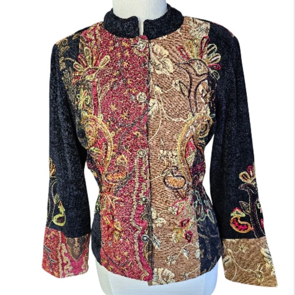 Vintage Alex Kim Embroidered Jacket Women Large Patchwork Tapestry Velour Sequin